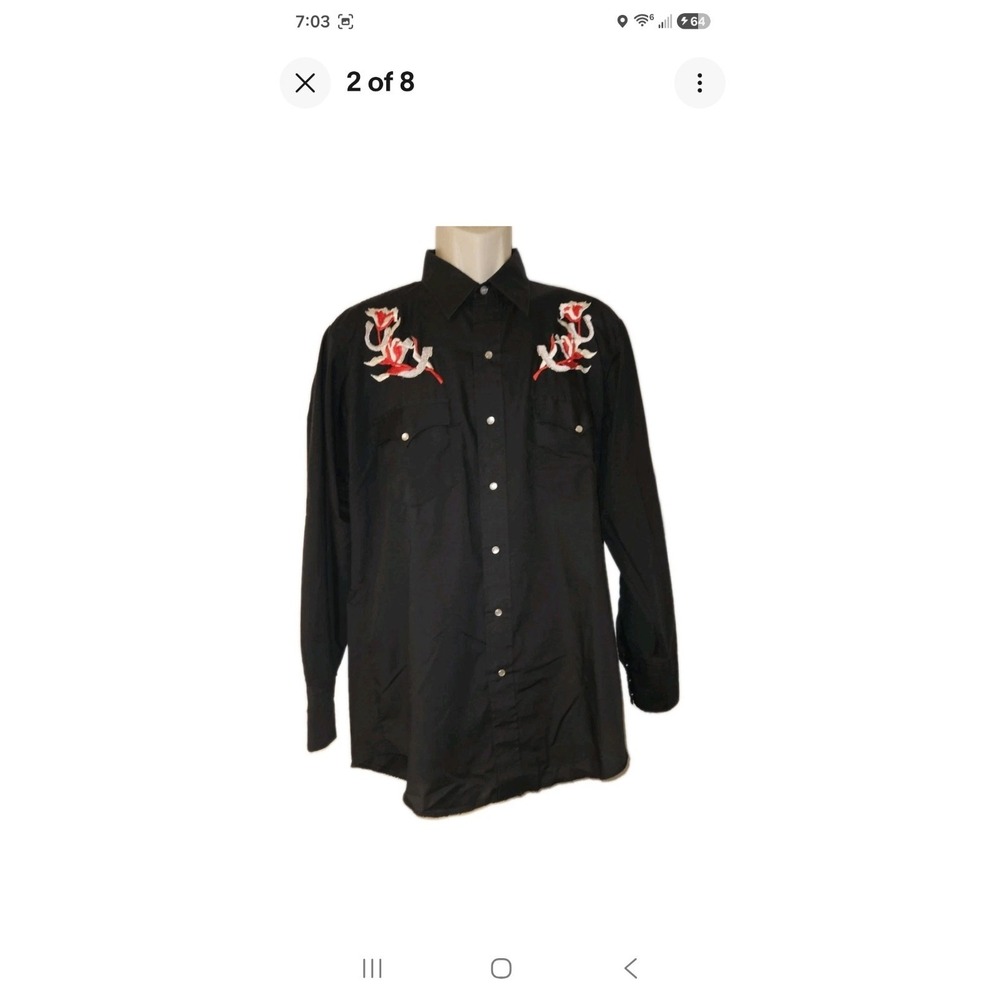 Karman Mens Size M Black Western Shirt Floral Embroidered Pearl Snap Ranch Rodeo - Picture 2 of 8